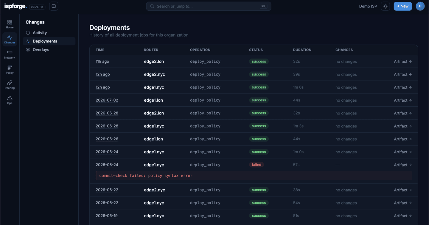 Deployment history across edge1.nyc, edge2.nyc, edge1.lon and edge2.lon — deploy_policy jobs with status, duration and change counts, including one failed commit-check caught before it reached the router.