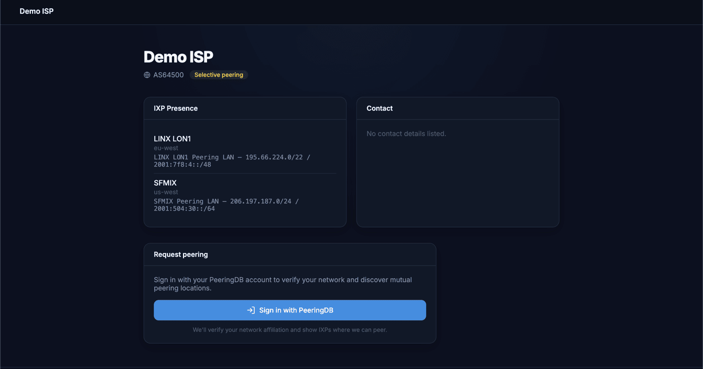 The public peering portal for Demo ISP (AS64500): selective peering policy, IXP presence at LINX LON1 and SFMIX with LAN subnets, contact details, and a Sign in with PeeringDB button to request verified peering.