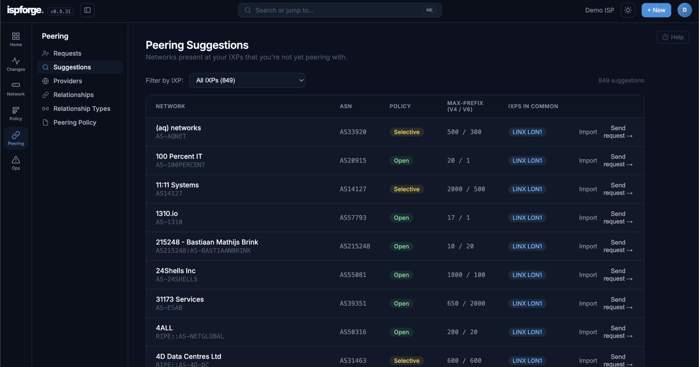Peering suggestions: 849 networks present at your IXPs that you are not yet peering with, each showing peering policy, IPv4 and IPv6 max-prefix, IXPs in common, and one-click import or send-request actions.