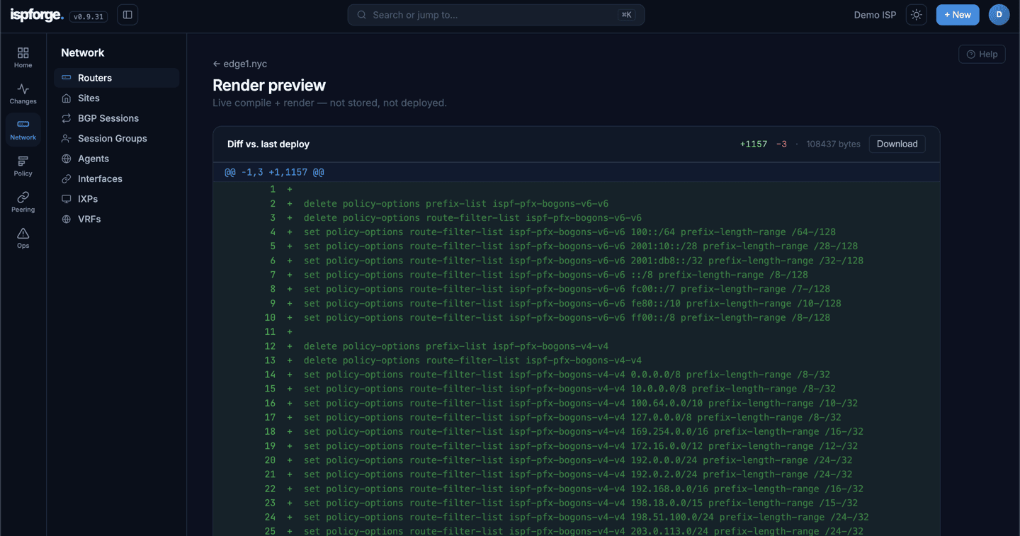 Render preview for edge1.nyc: a live-compiled Juniper Junos configuration diff — plus 1,157 lines, minus 3, 108,437 bytes — showing set policy-options route-filter-list statements, marked not stored and not deployed.