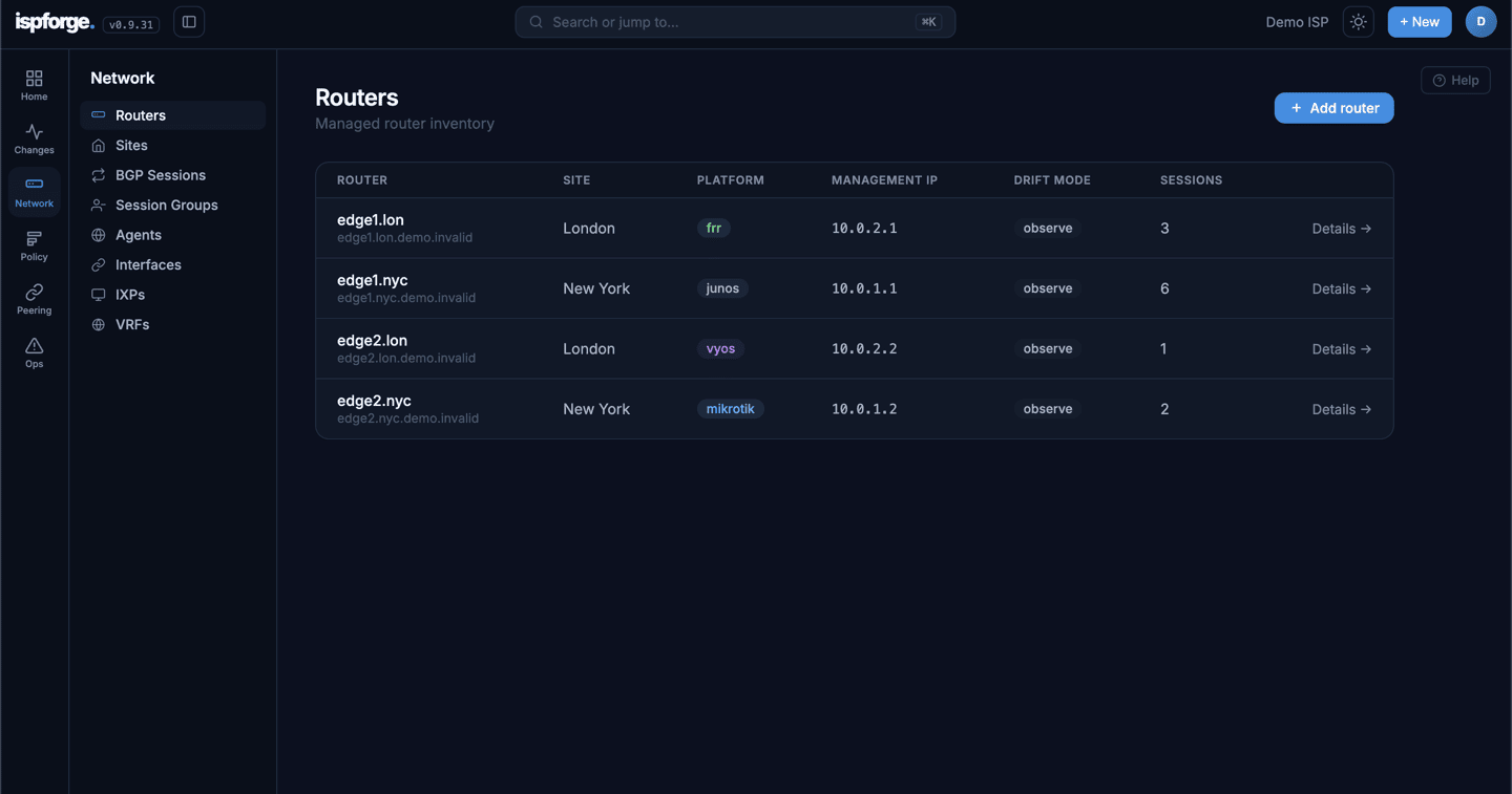Managed router inventory: edge1.lon on FRR, edge1.nyc on Junos, edge2.lon on VyOS and edge2.nyc on MikroTik, across London and New York sites, each with a management IP, drift mode and session count.